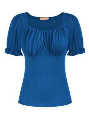 Belle Poque M - Royal Blue Vintage Style Sweetheart Ruffle Sleeve Top